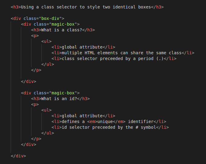 screenshot of HTML code used for box class