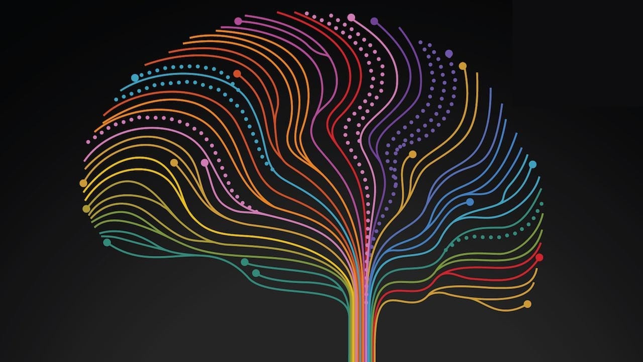 A picture of a human brain with colourful neuronal pathways and black background